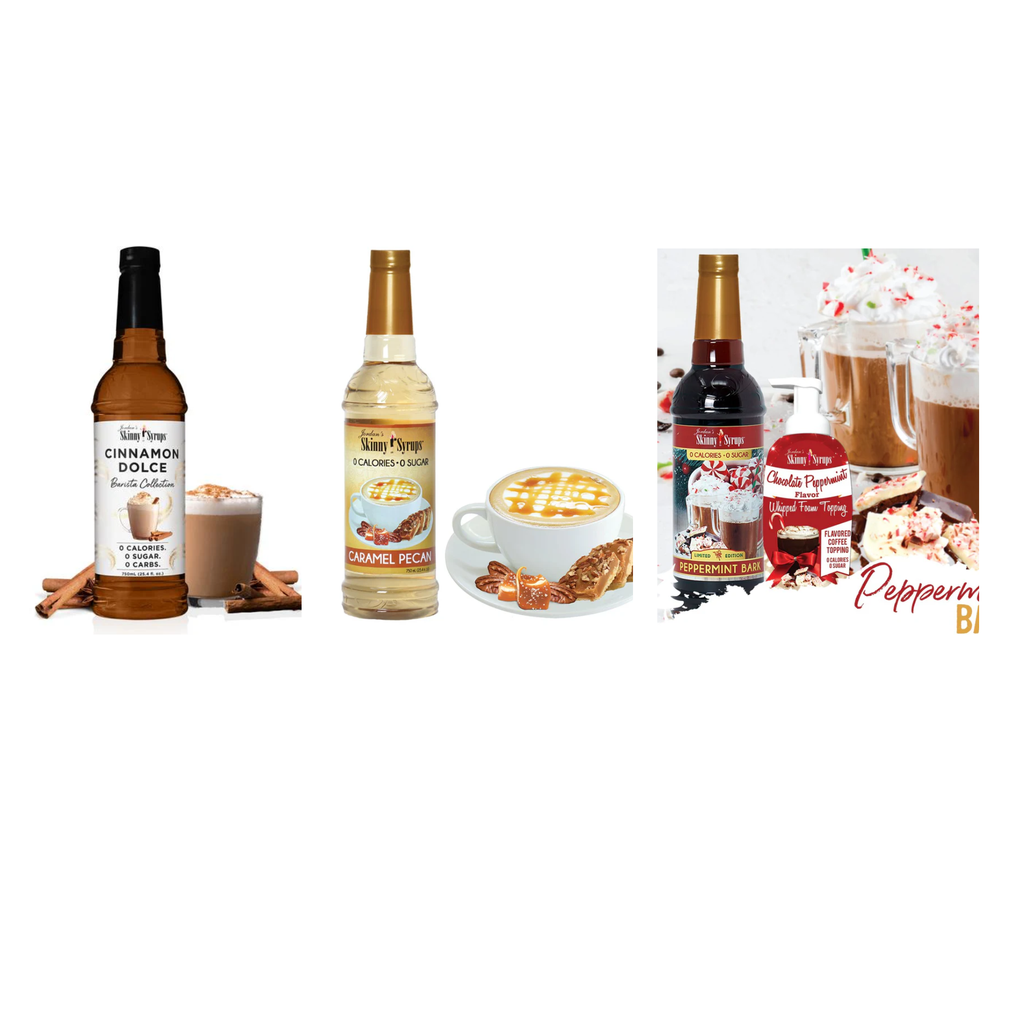 Skinny Mixes ( Pack of 3 ) | Sugar free Cinnamon Dolce syrup | Caramel Pecan | Peppermint Bark